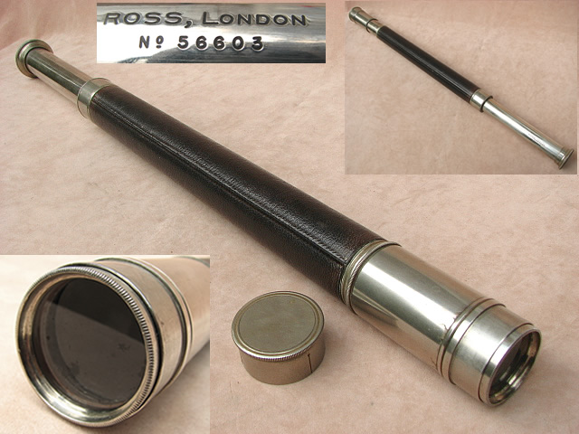 Late 18th century 3 draw marine pocket telescope with segmented draw tube, signed Dollond London. Inset shows case missing a piece of card sleeve